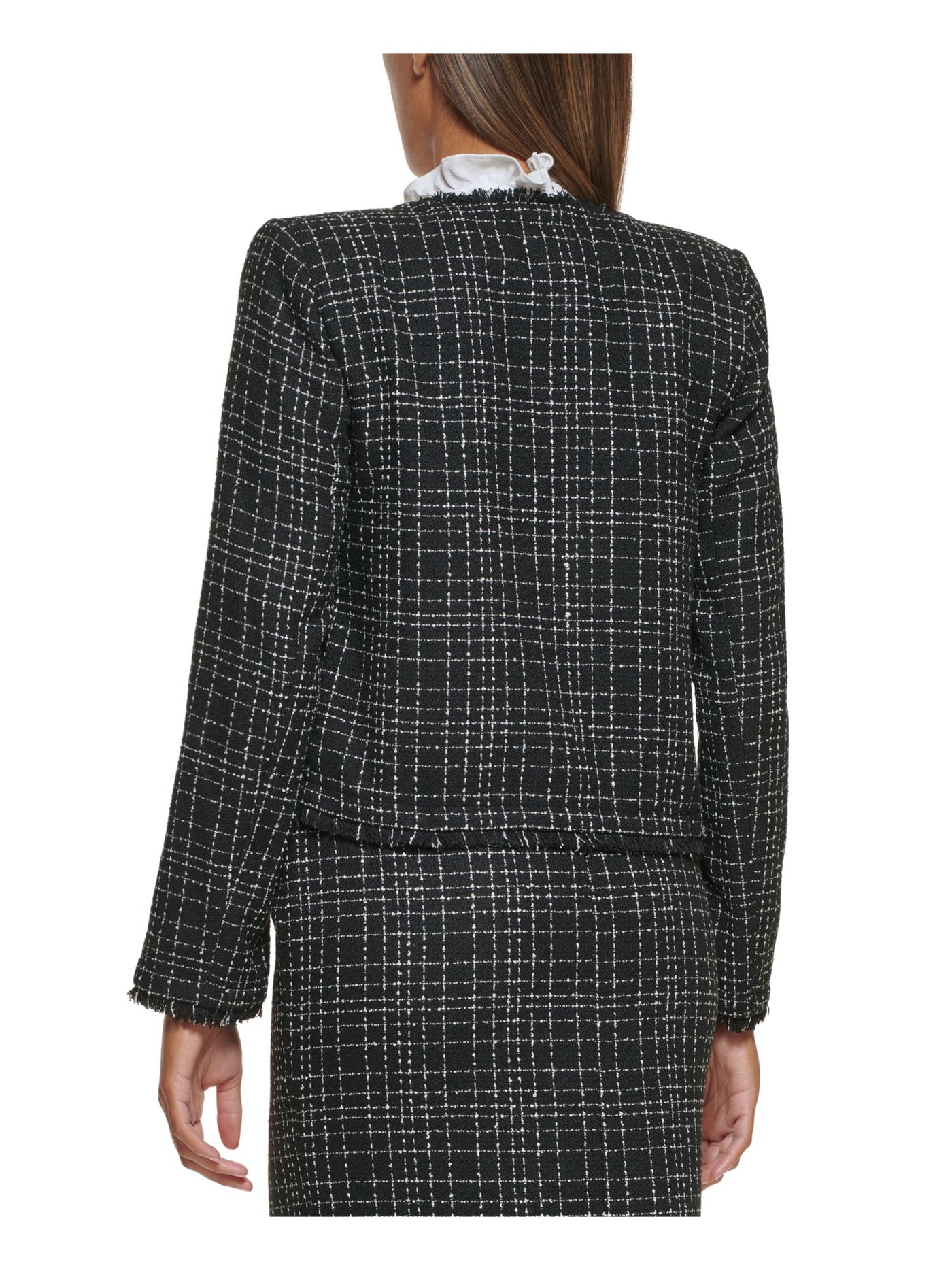 CALVIN KLEIN Womens Black Frayed Textured Shoulder Pads Unlined Long Sleeve Open Front Wear To Work Blazer Jacket 6