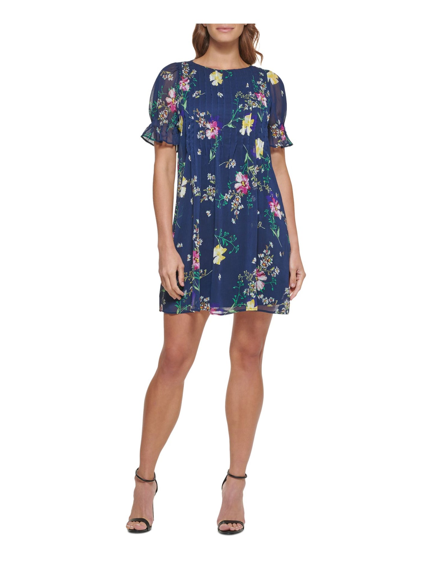 DKNY Womens Navy Sheer Lined Pintucked Front Keyhole Back Floral Short Sleeve Round Neck Short Shift Dress 4