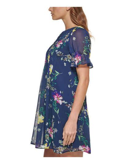 DKNY Womens Navy Sheer Lined Pintucked Front Keyhole Back Floral Short Sleeve Round Neck Short Shift Dress 4