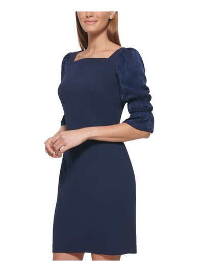 DKNY Womens Navy Zippered Ruffled Pouf Sleeve Square Neck Above The Knee Wear To Work Sheath Dress 2