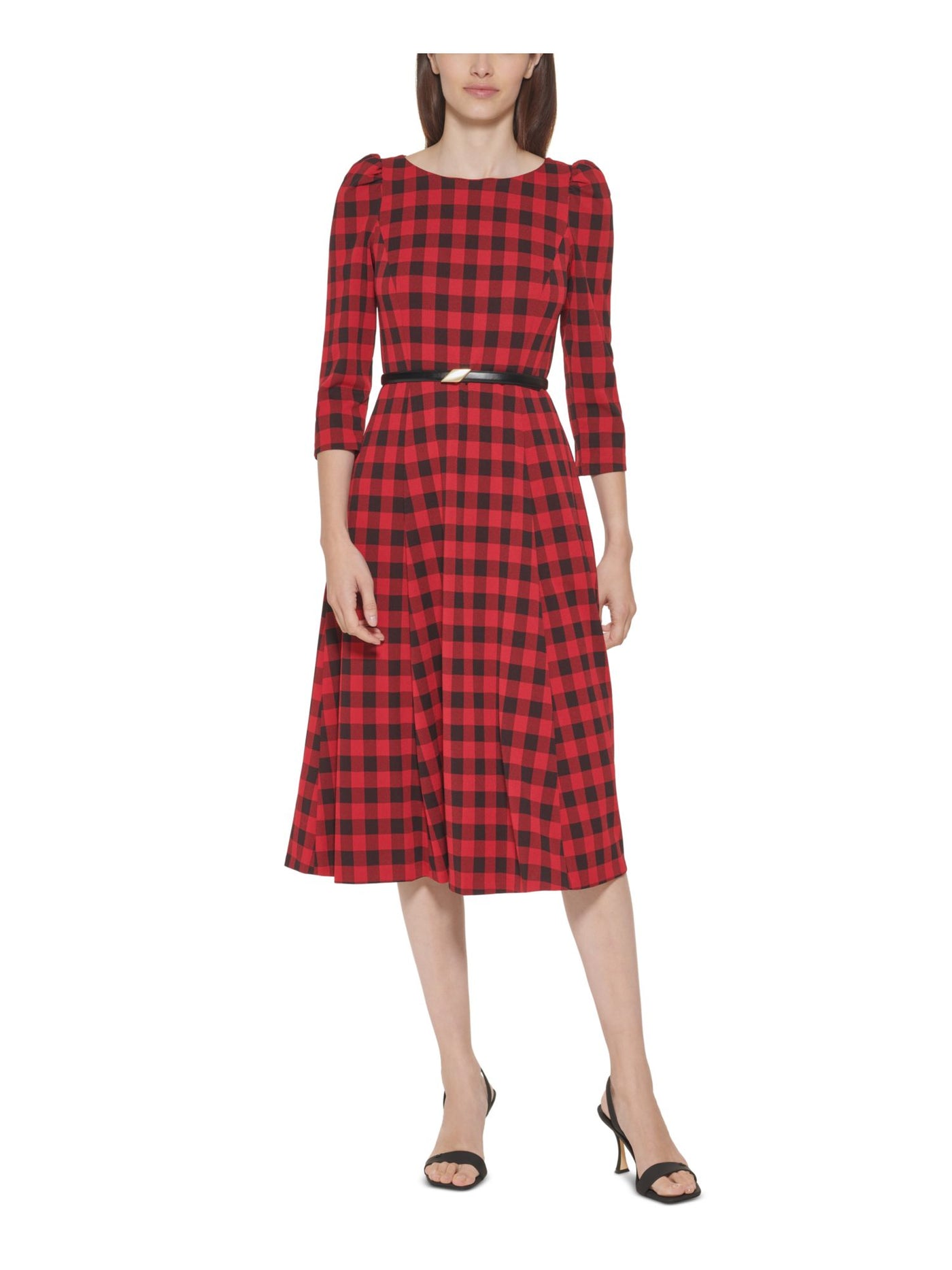 CALVIN KLEIN Womens Red Belted Zippered Shirred Shoulder Plaid 3/4 Sleeve Boat Neck Below The Knee Wear To Work Fit + Flare Dress 16