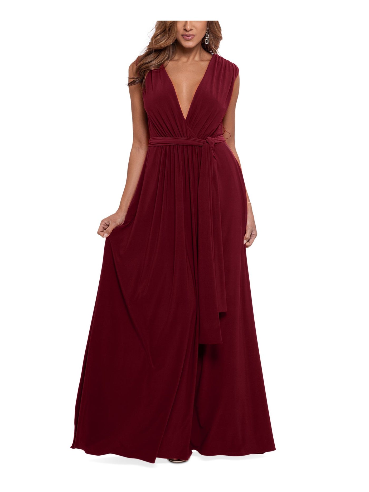 AQUA FORMAL Womens Burgundy Stretch Pleated Low Cut Self-tie Belt High Slit Sleeveless Surplice Neckline Full-Length Formal Gown Dress 2