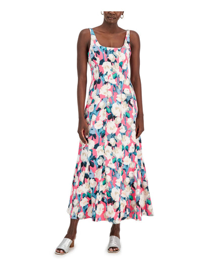 DONNA KARAN Womens Pink Zippered Lined Scoop Back Seamed Pullover Printed Sleeveless Scoop Neck Maxi Fit + Flare Dress 4