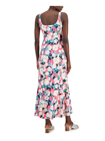 DONNA KARAN NEW YORK Womens Pink Zippered Lined Scoop Back Seamed Pullover Printed Sleeveless Scoop Neck Maxi Fit + Flare Dress 2