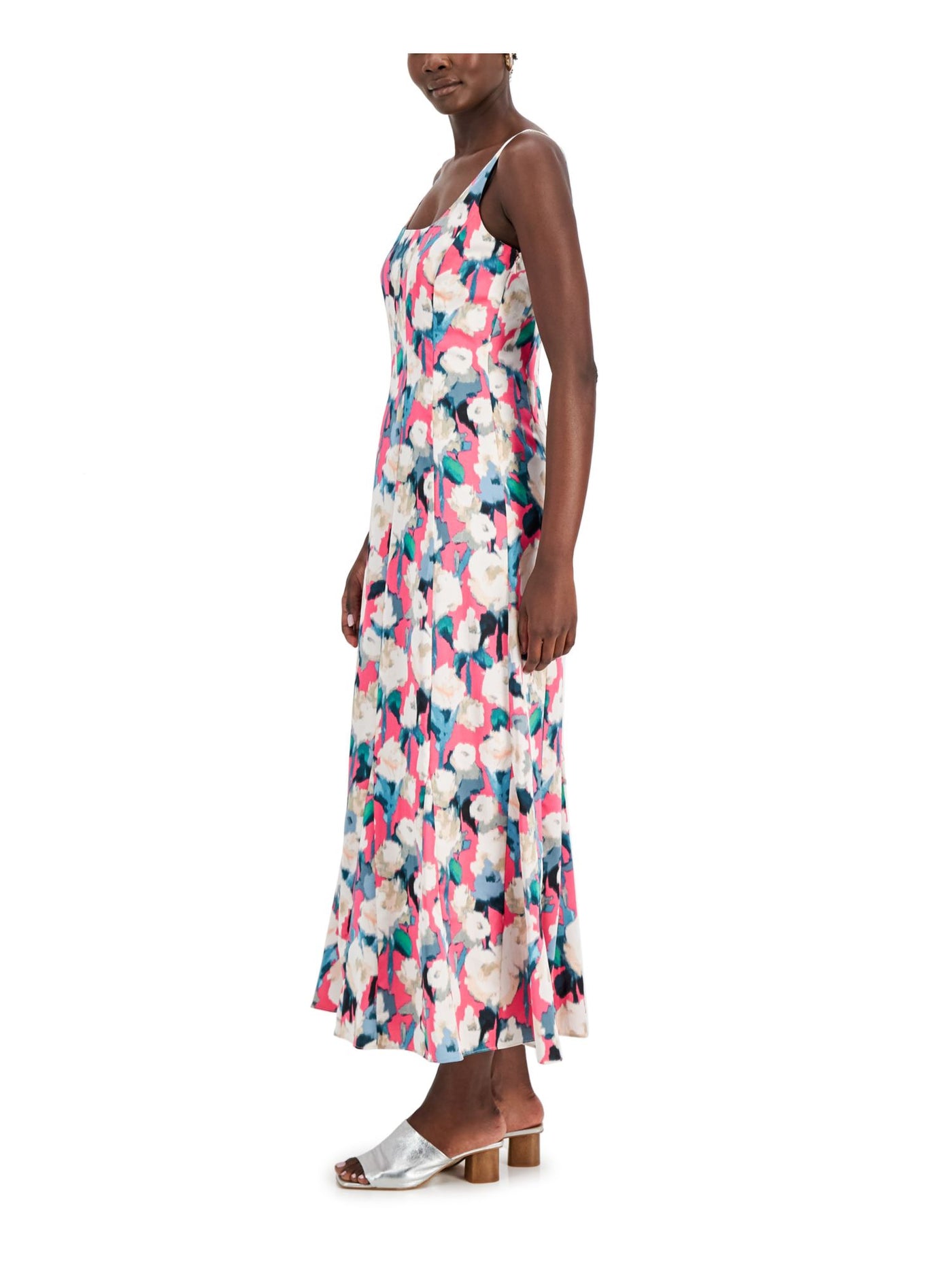 DONNA KARAN Womens Pink Zippered Lined Scoop Back Seamed Pullover Printed Sleeveless Scoop Neck Maxi Fit + Flare Dress 4