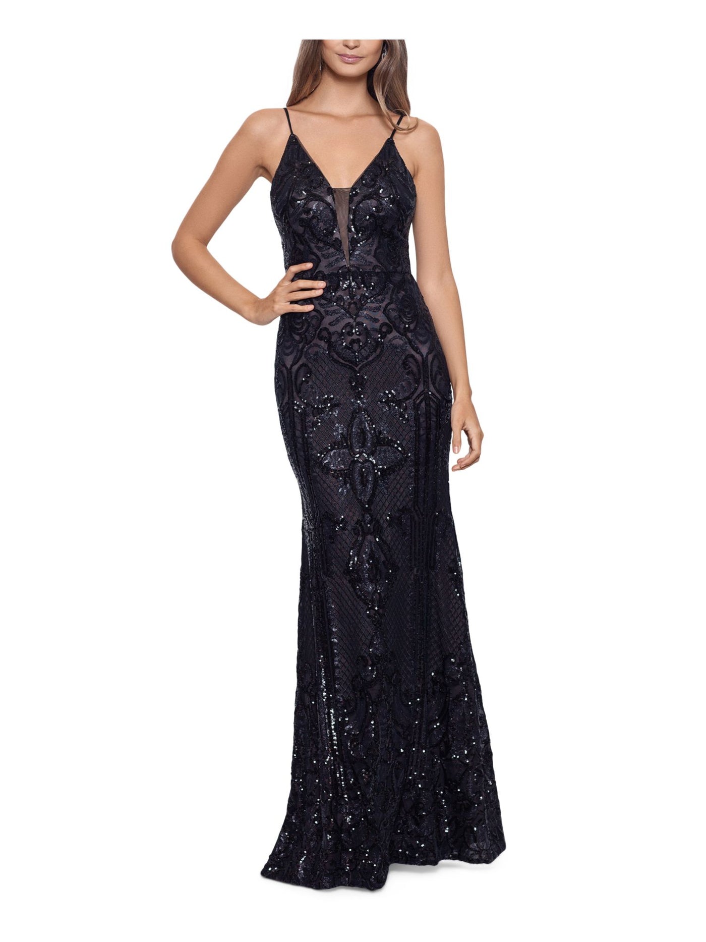 BETSY & ADAM Womens Black Stretch Sequined Zippered Padded Cups Lined Spaghetti Strap V Neck Full-Length Formal Body Con Dress 4