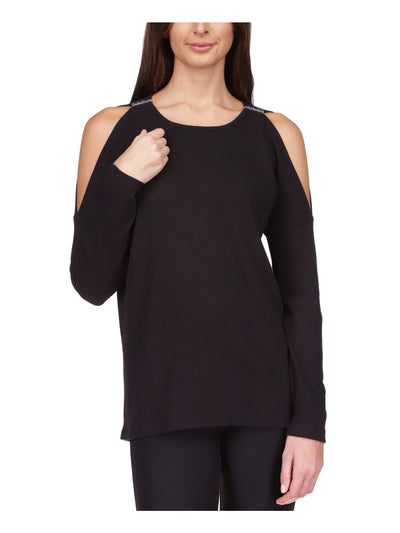 MICHAEL KORS Womens Black Cold Shoulder Waffle Knit Long Sleeve Crew Neck Top Petites P\XS