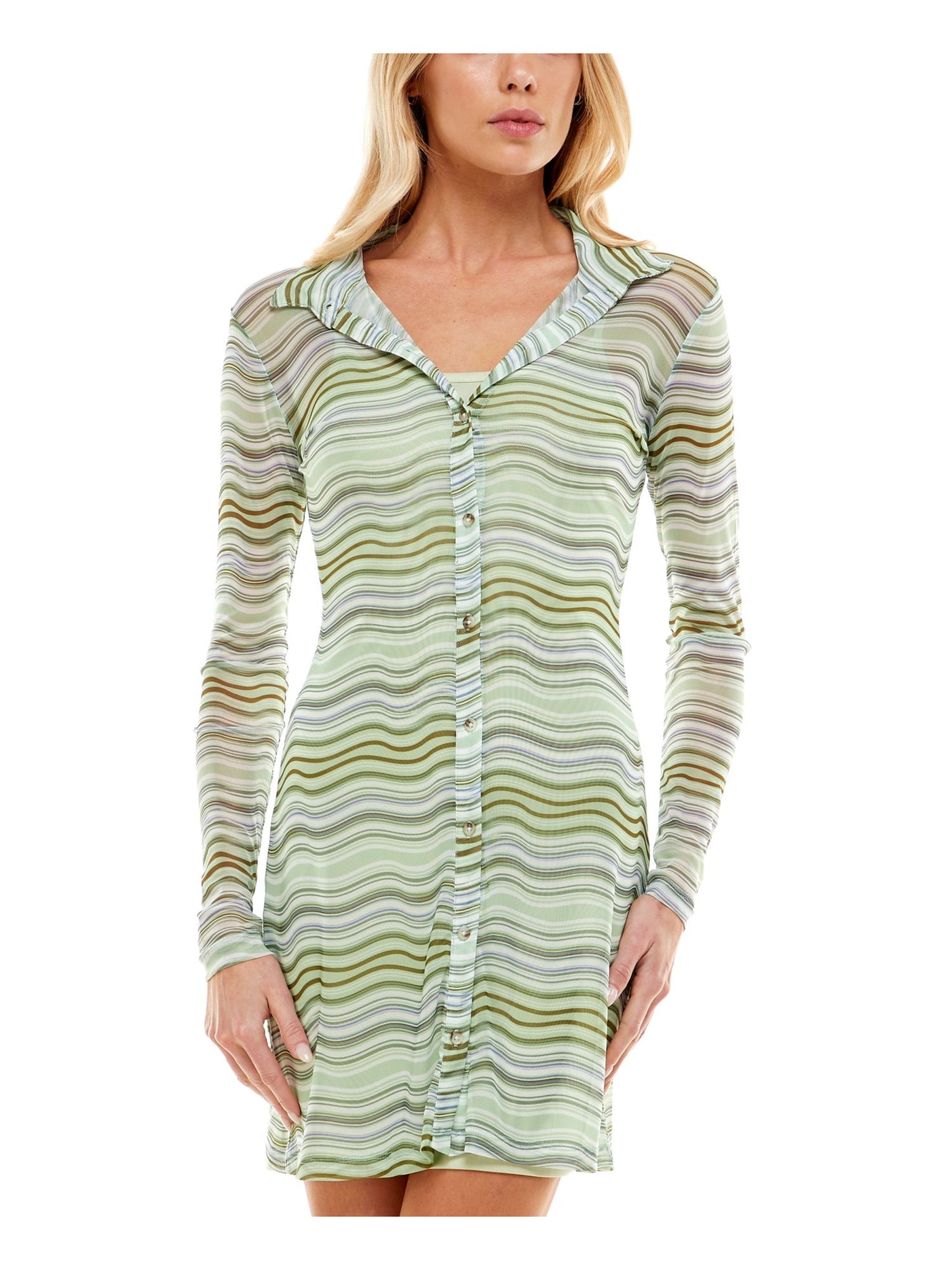 ULTRA FLIRT Womens Green Sheer Lined Overlay Striped Long Sleeve Collared Short Party Shirt Dress Juniors M