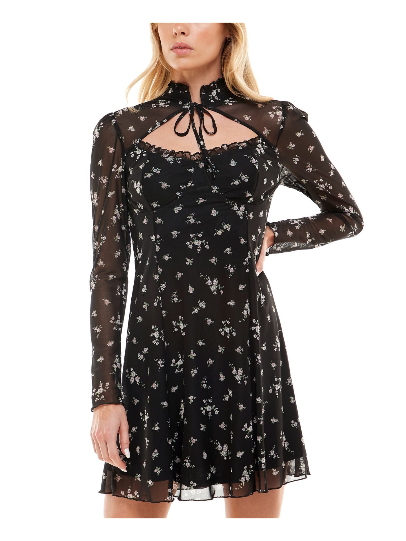 ULTRA FLIRT Womens Black Ruffled Cutout Lined Floral Long Sleeve Tie Neck Short Fit + Flare Dress XS