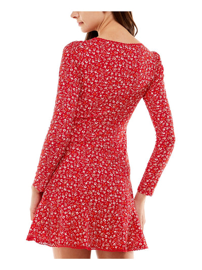 CITY STUDIO Womens Red Fitted Lined Lace Trim Floral Long Sleeve Surplice Neckline Mini Party Fit + Flare Dress XS