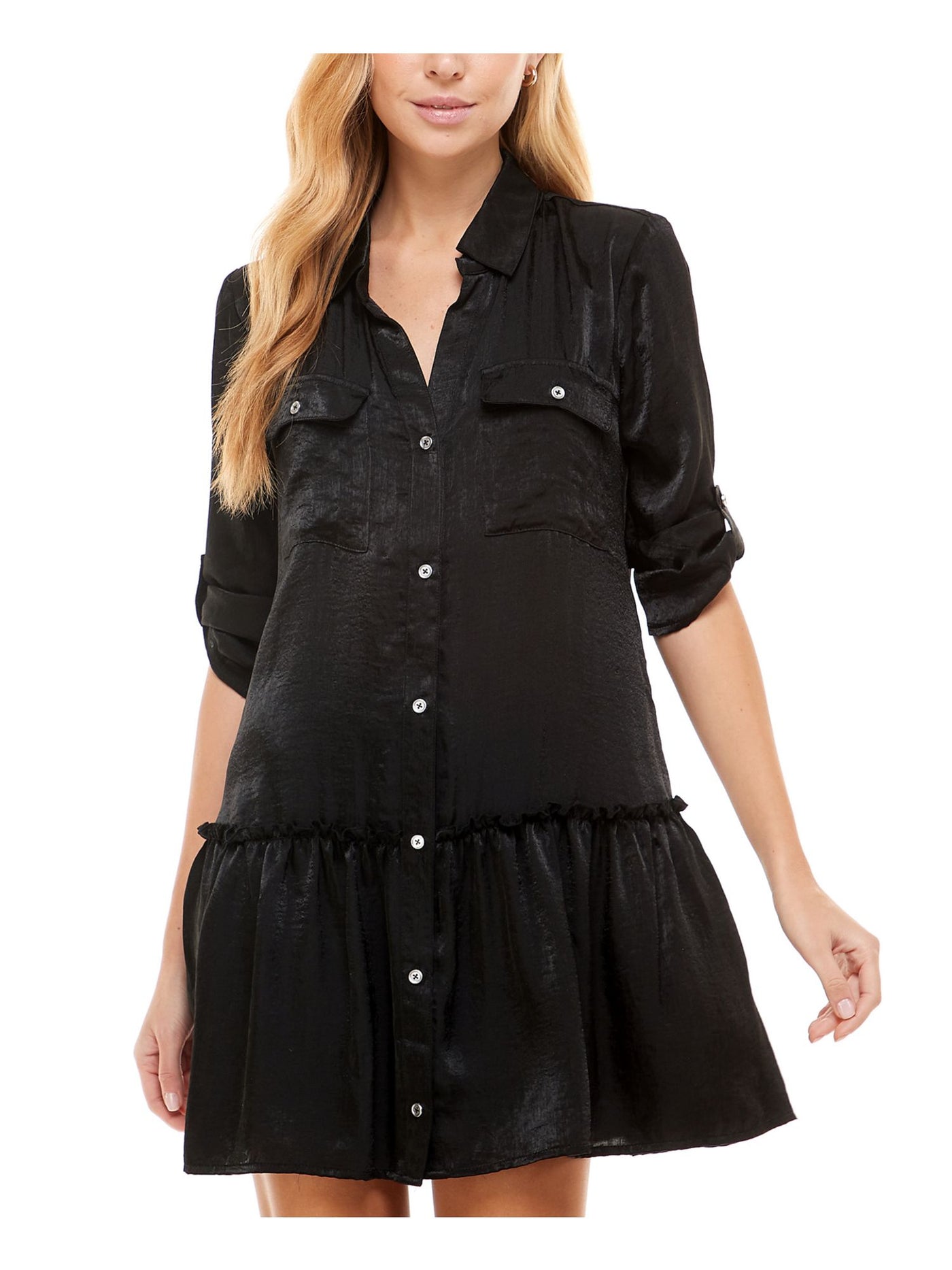 KINGSTON GREY Womens Ruffled Pocketed Button Front Roll-tab Sleeve Collared Mini Shirt Dress