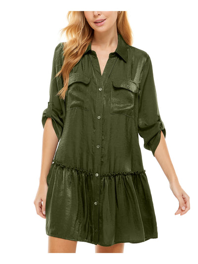 KINGSTON GREY Womens Green Ruffled Pocketed Button Front Roll-tab Sleeve Collared Mini Shirt Dress S