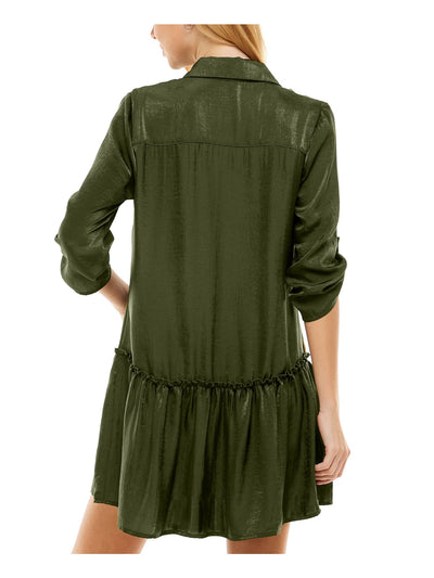 KINGSTON GREY Womens Green Ruffled Pocketed Button Front Roll-tab Sleeve Collared Mini Shirt Dress Juniors S