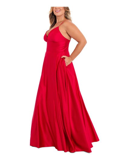 B&A  BY BETSY & ADAM Womens Red Zippered Pocketed Molded Cups Lined Spaghetti Strap V Neck Full-Length Evening Gown Dress Plus 14W
