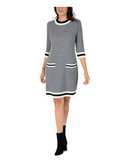 ROBBIE BEE Womens Gray Pocketed Striped Ribbed Trim Heather Long Sleeve Crew Neck Above The Knee Sweater Dress Juniors S
