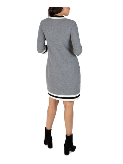 ROBBIE BEE Womens Gray Pocketed Striped Ribbed Trim Heather Long Sleeve Crew Neck Above The Knee Sweater Dress Juniors S