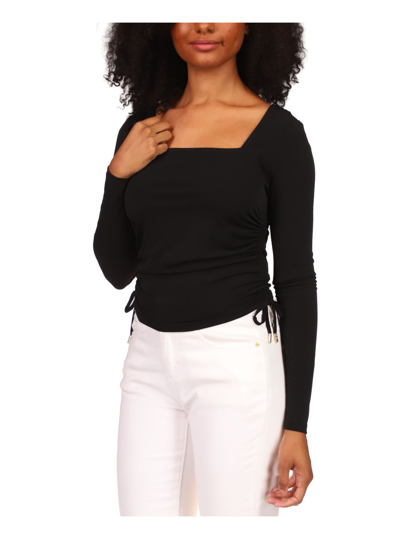 MICHAEL KORS Womens Black Ruched Drawstrings Long Sleeve Square Neck Top XL