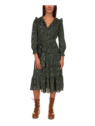 MICHAEL MICHAEL KORS Womens Black Floral Long Sleeve V Neck Midi Cocktail Ruffled Dress XXS