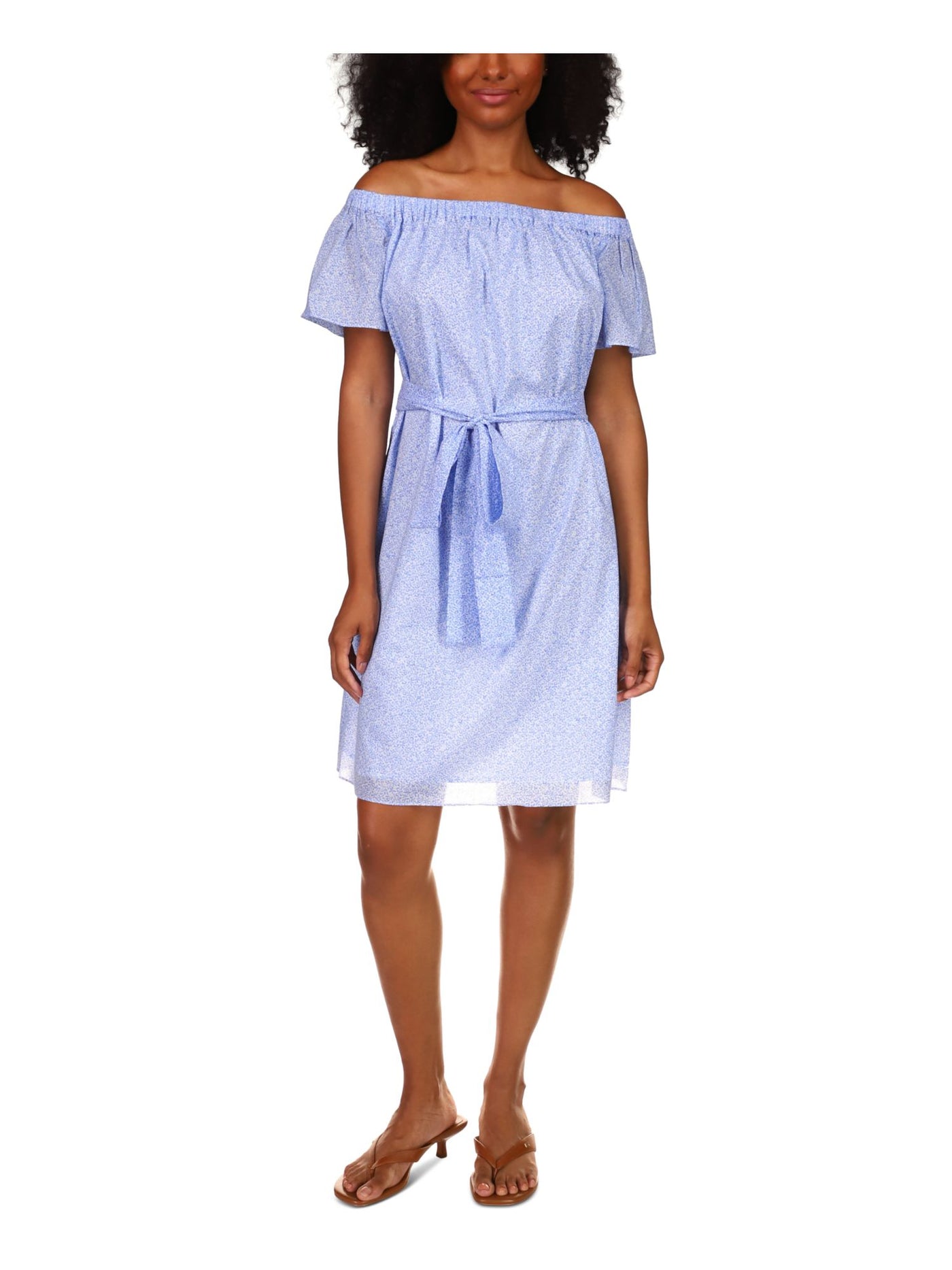 MICHAEL MICHAEL KORS Womens Light Blue Tie Sheer Lined Floral Short Sleeve Off Shoulder Above The Knee Shift Dress M