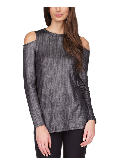 MICHAEL KORS Womens Black Stretch Cold Shoulder Textured Ribbed Long Sleeve Crew Neck Top L