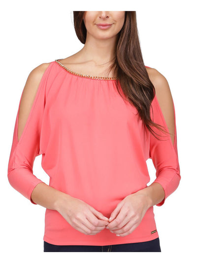 MICHAEL KORS Womens Coral Cold Shoulder Chain Trim Metallic Logo Tag 3/4 Sleeve Scoop Neck Wear To Work Top S