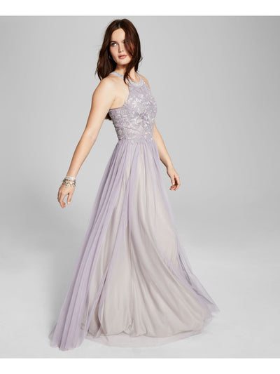 SPEECHLESS Womens Purple Embellished Zippered Keyhole Back Sheer Tulle Lined Sleeveless Halter Full-Length Prom Gown Dress 3