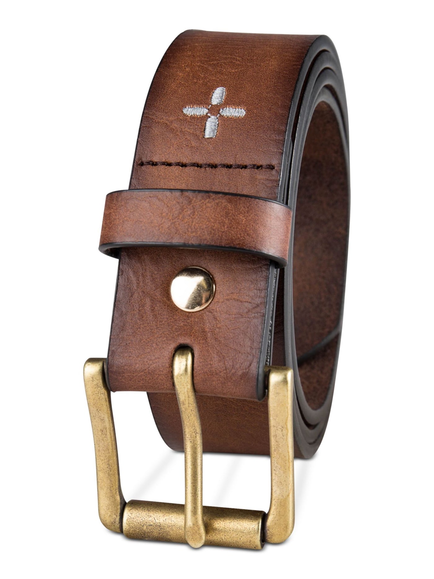 SUN STONE Mens Brown Adjustable Logo Faux Leather Casual Belt S 30-32