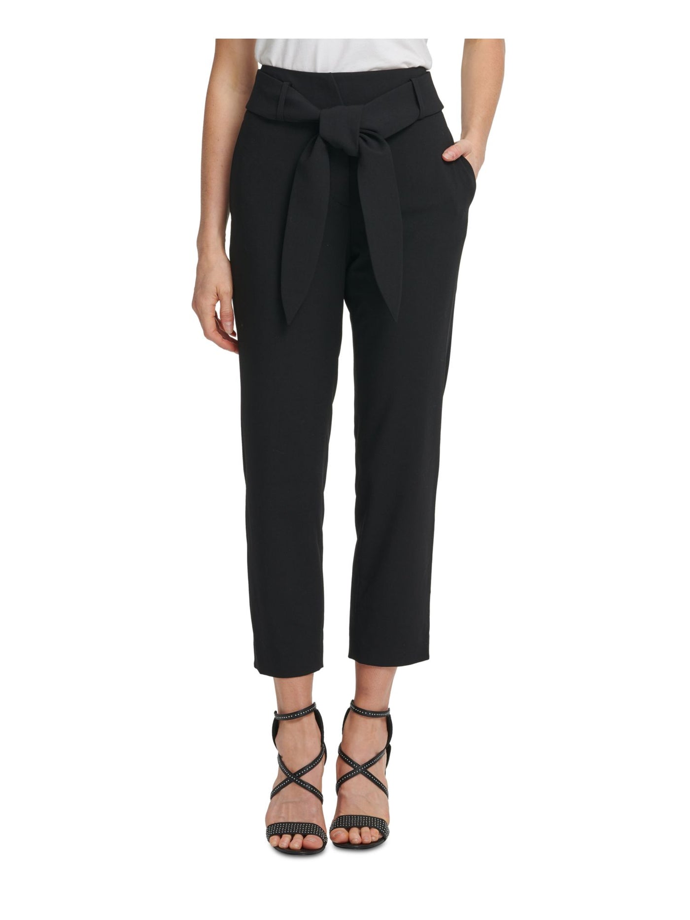 DKNY Womens Black Pocketed Zippered Tie Ankle Hook And Bar Closure Wear To Work High Waist Pants Petites 14P