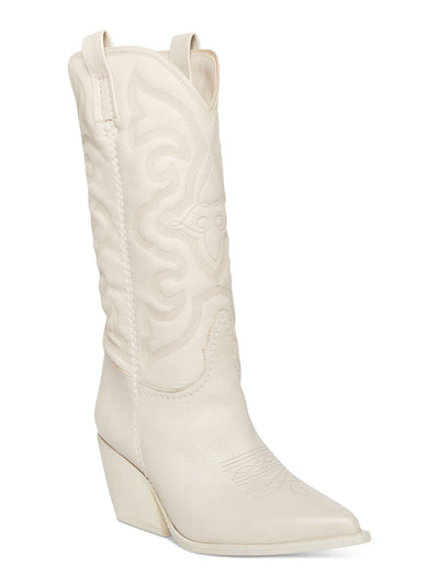 STEVE MADDEN Womens White Decorative Stitching Top Pull-Tabs West Pointed Toe Sculpted Heel Leather Western Boot 9.5