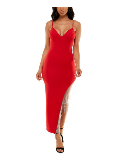 BEBE Womens Red Cut Out Asymmetrical Metal Fringed Hem Spaghetti Strap V Neck Maxi Evening Body Con Dress  M