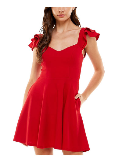 CITY STUDIO Womens Red Pocketed Zippered Flutter Sleeve V Neck Short Party Fit + Flare Dress Juniors 13