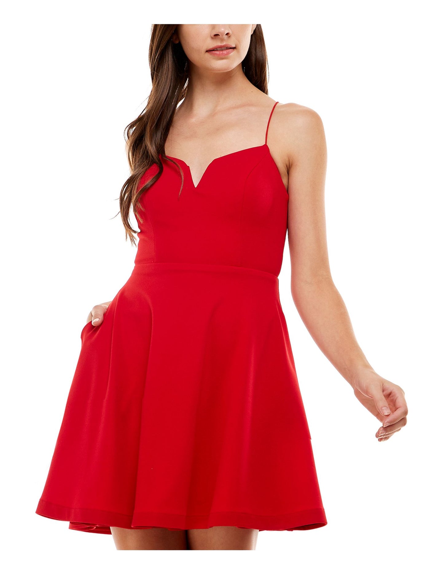 CITY STUDIO Womens Red Stretch Pocketed Zippered Criss-cross Back Lined Spaghetti Strap V Neck Short Party Fit + Flare Dress Juniors 9