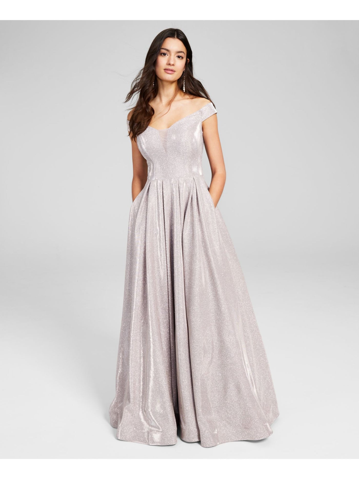 B DARLIN Womens Glitter Zippered Lined Off Shoulder Full-Length Formal Gown Dress