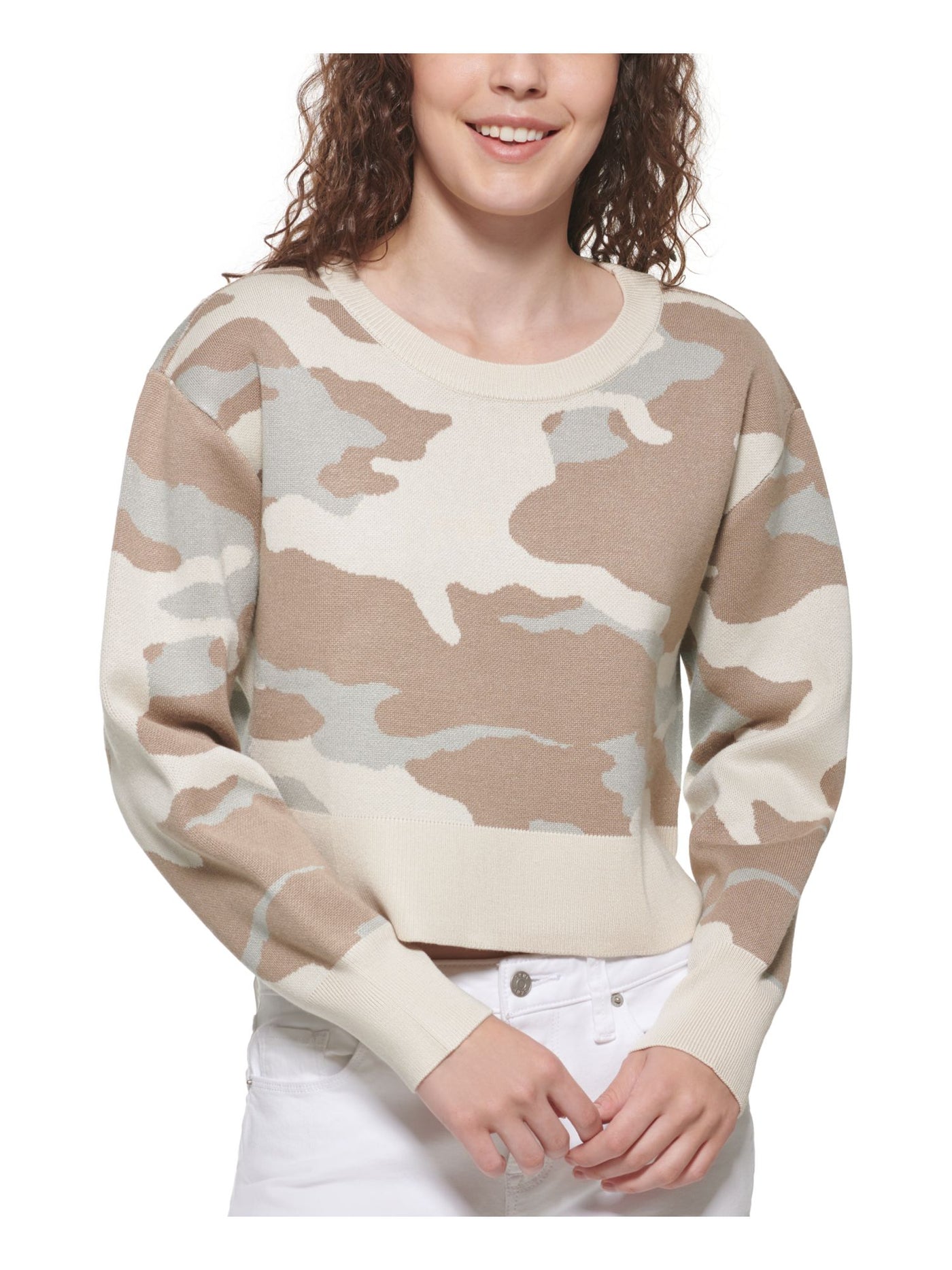 DKNY Womens Brown Camouflage Long Sleeve Crew Neck Sweater L