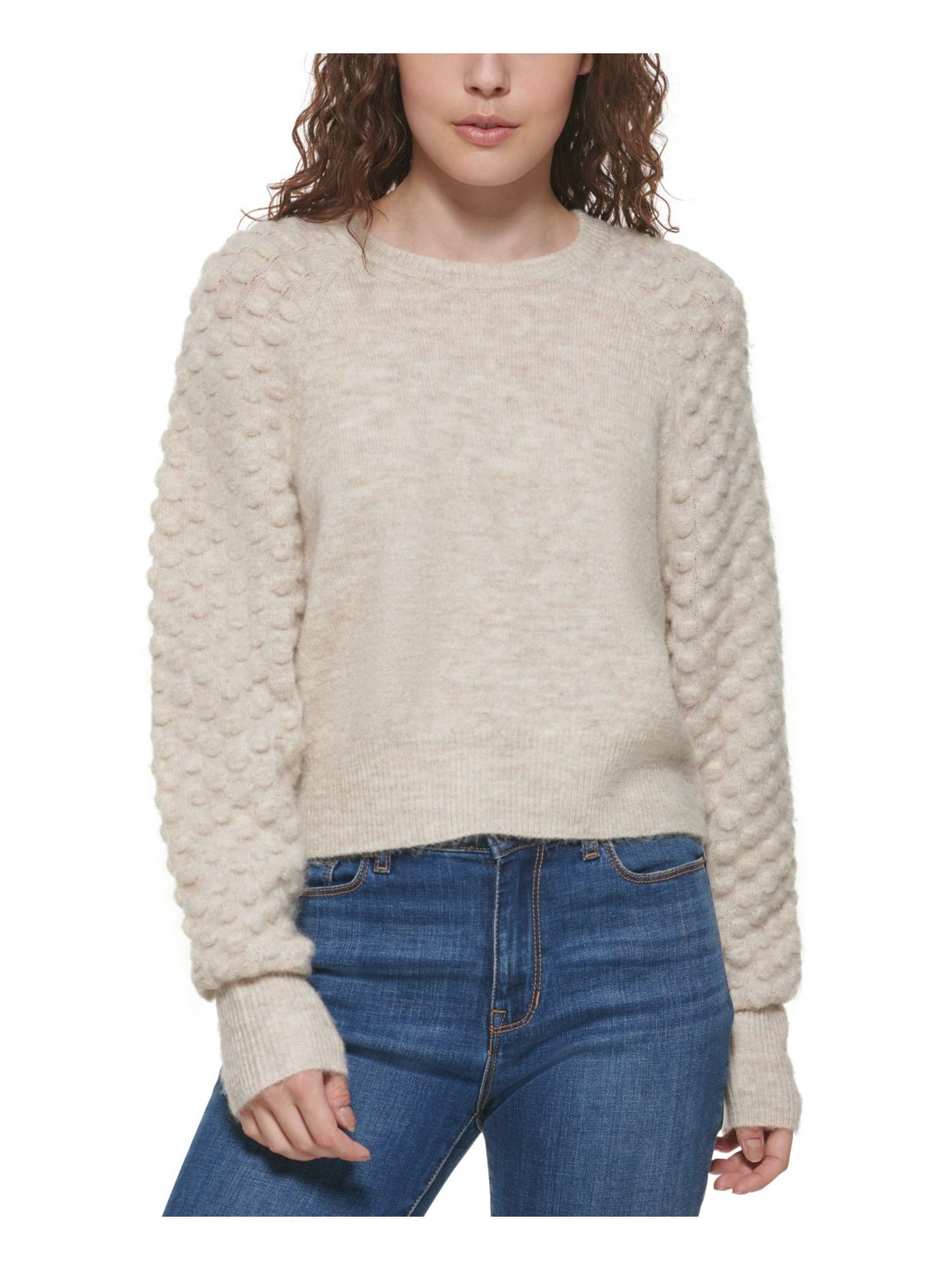 DKNY Womens Beige Textured Ribbed Logo Hardware Pullover Heather Long Sleeve Round Neck Sweater L