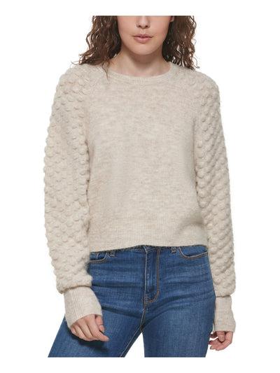 DKNY Womens Beige Textured Ribbed Logo Hardware Pullover Heather Long Sleeve Round Neck Sweater S