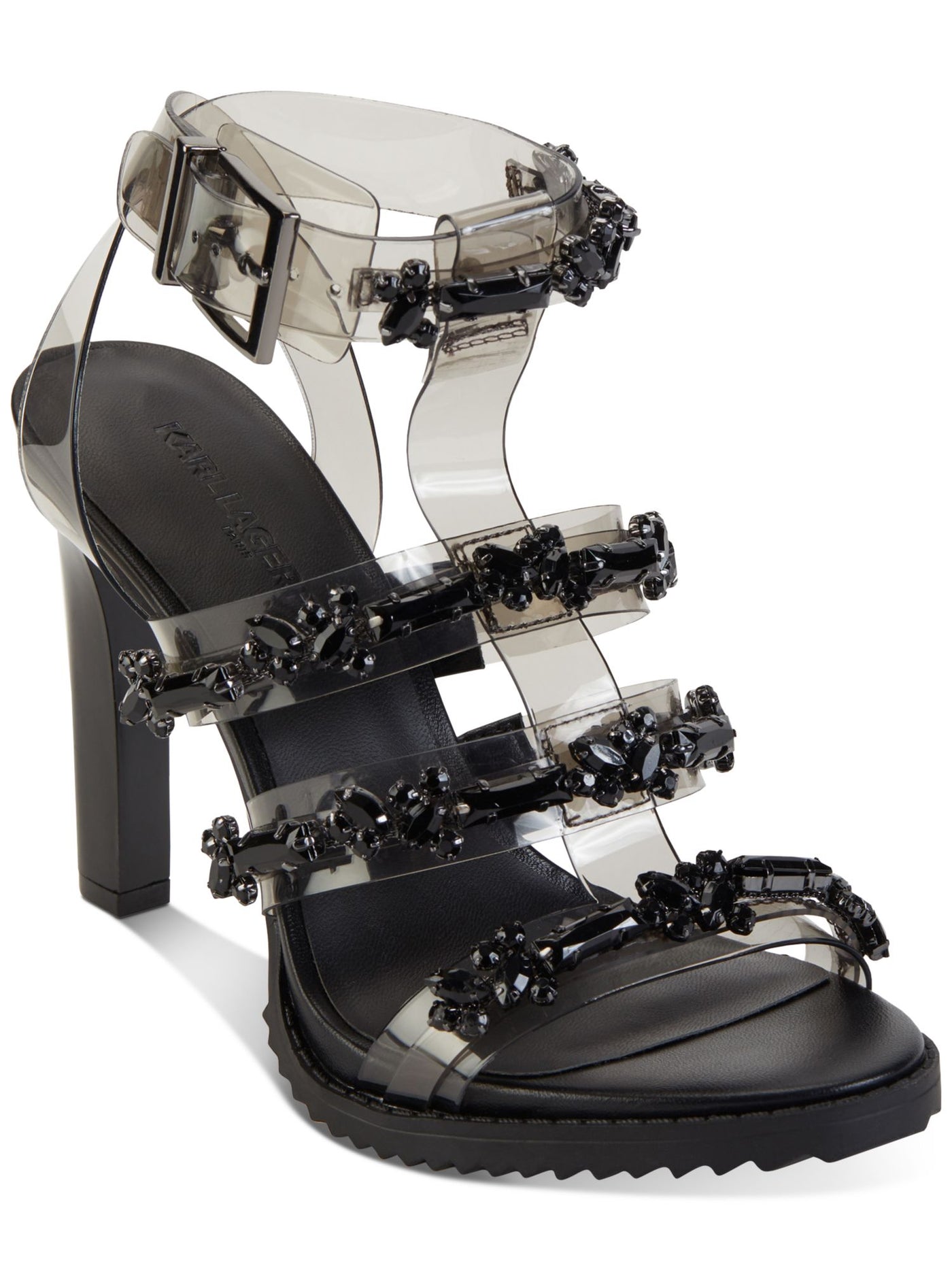 KARL LAGERFELD Womens Black Translucent Embellished Strappy Bristol Round Toe Stiletto Buckle Dress Heeled Sandal 6 M