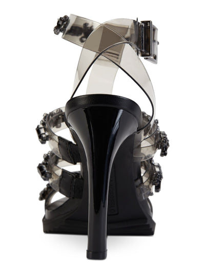 KARL LAGERFELD Womens Black Translucent Embellished Strappy Bristol Round Toe Stiletto Buckle Dress Heeled Sandal 6