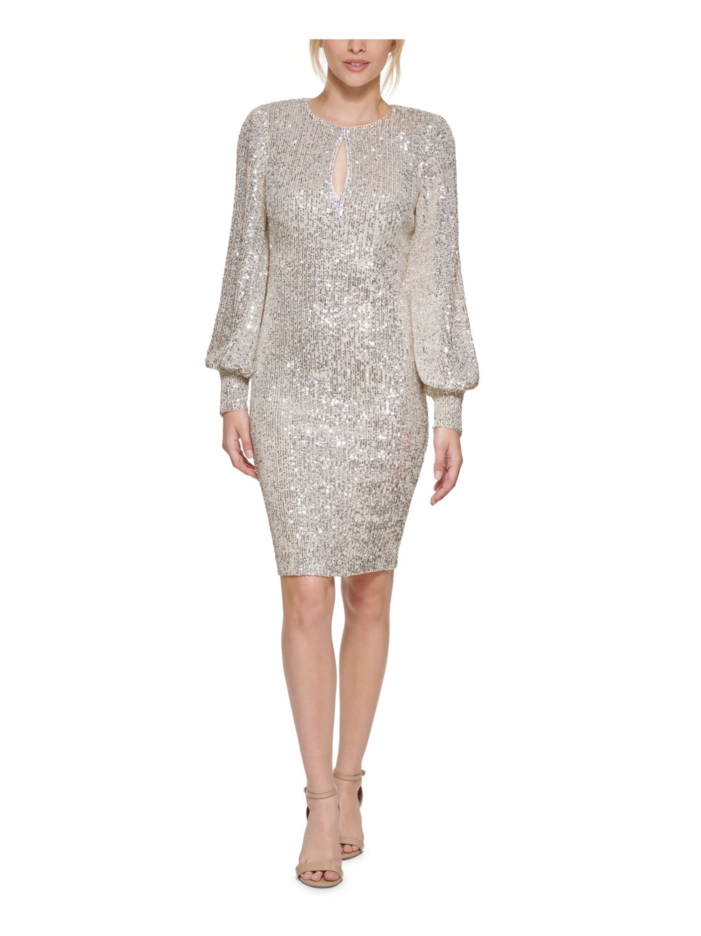 ELIZA J Womens Beige Stretch Sequined Zippered Lined Balloon Sleeve Keyhole Above The Knee Cocktail Sheath Dress 6