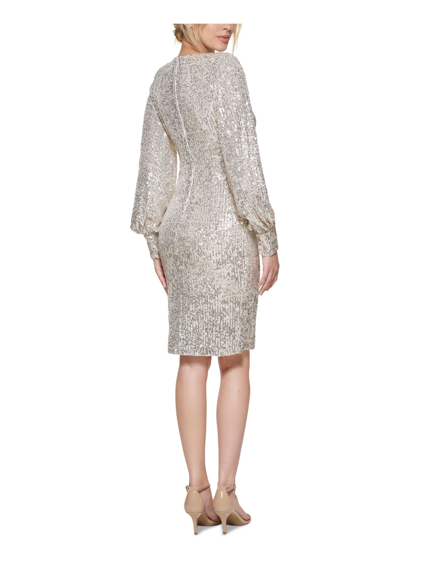 ELIZA J Womens Beige Stretch Sequined Zippered Lined Balloon Sleeve Keyhole Above The Knee Cocktail Sheath Dress 6