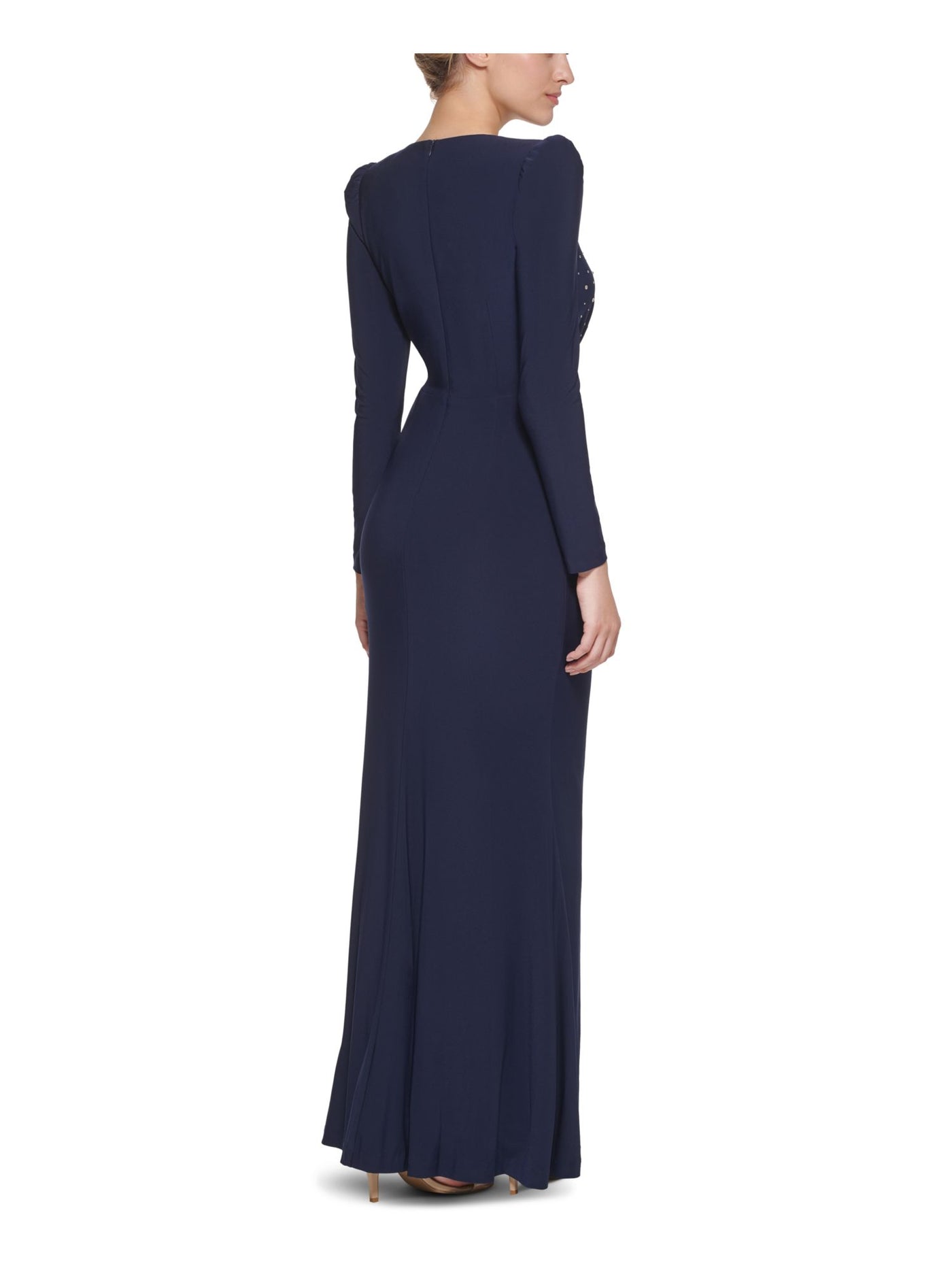 VINCE CAMUTO Womens Navy Embellished Zippered Ruched Slit Gathered Long Sleeve Surplice Neckline Full-Length Evening Gown Dress 4