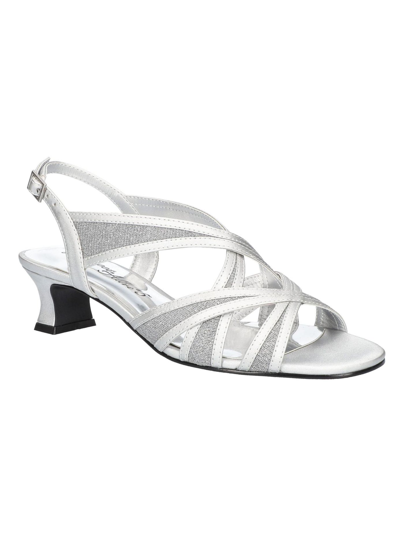 EASY STREET Womens Silver Mixed Media Metallic Glitter Strappy Padded Tristen Round Toe Block Heel Buckle Dress Slingback Sandal 5 M
