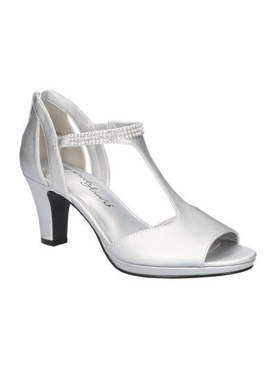 EASY STREET Womens Silver Rhinestone T-Strap Flash Round Toe Block Heel Zip-Up Dress Heeled Sandal 9 W