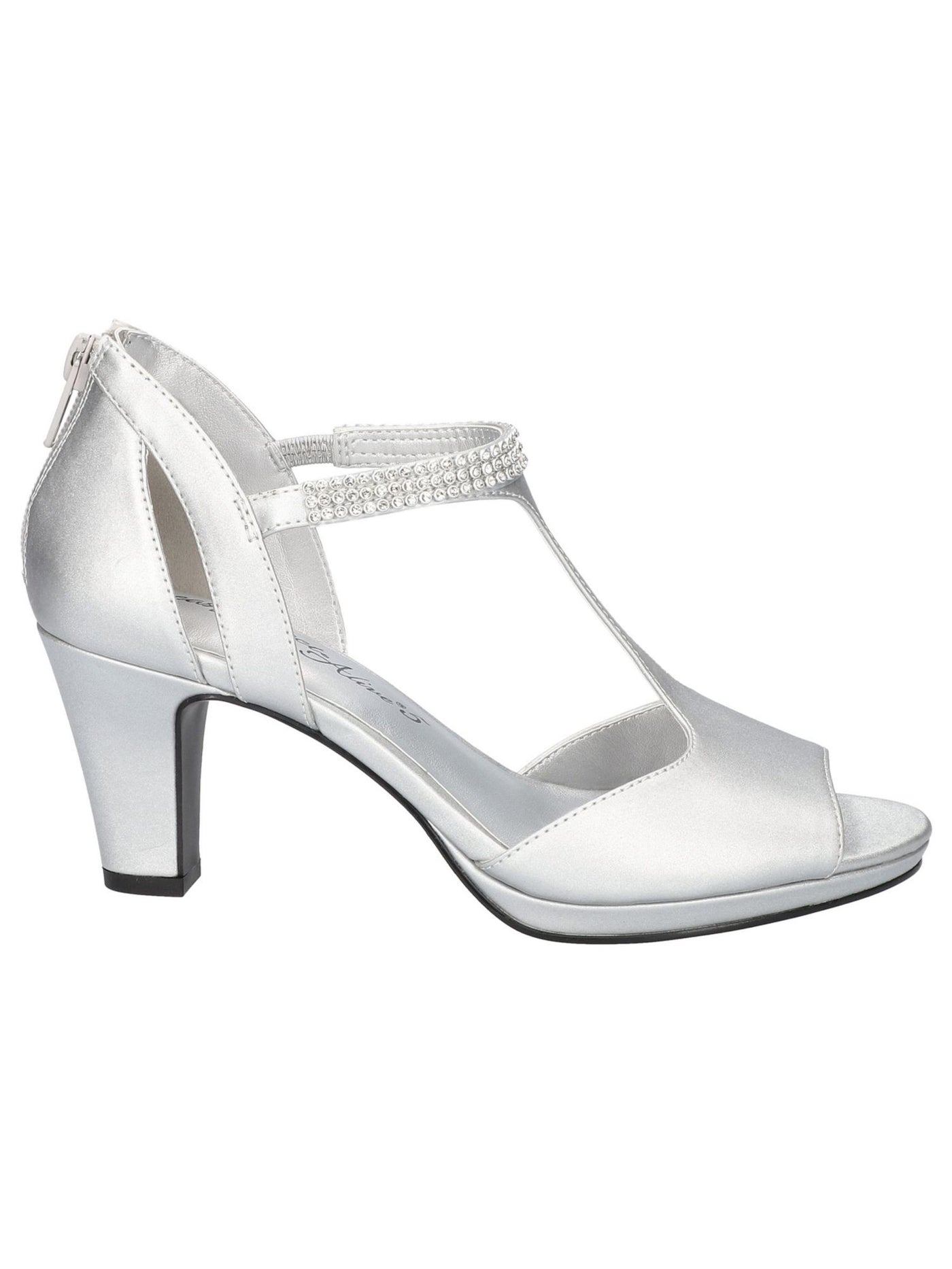 EASY STREET ALIVE AT 5 Womens Silver Rhinestone T-Strap Flash Round Toe Block Heel Zip-Up Dress Heeled Sandal 6.5 M