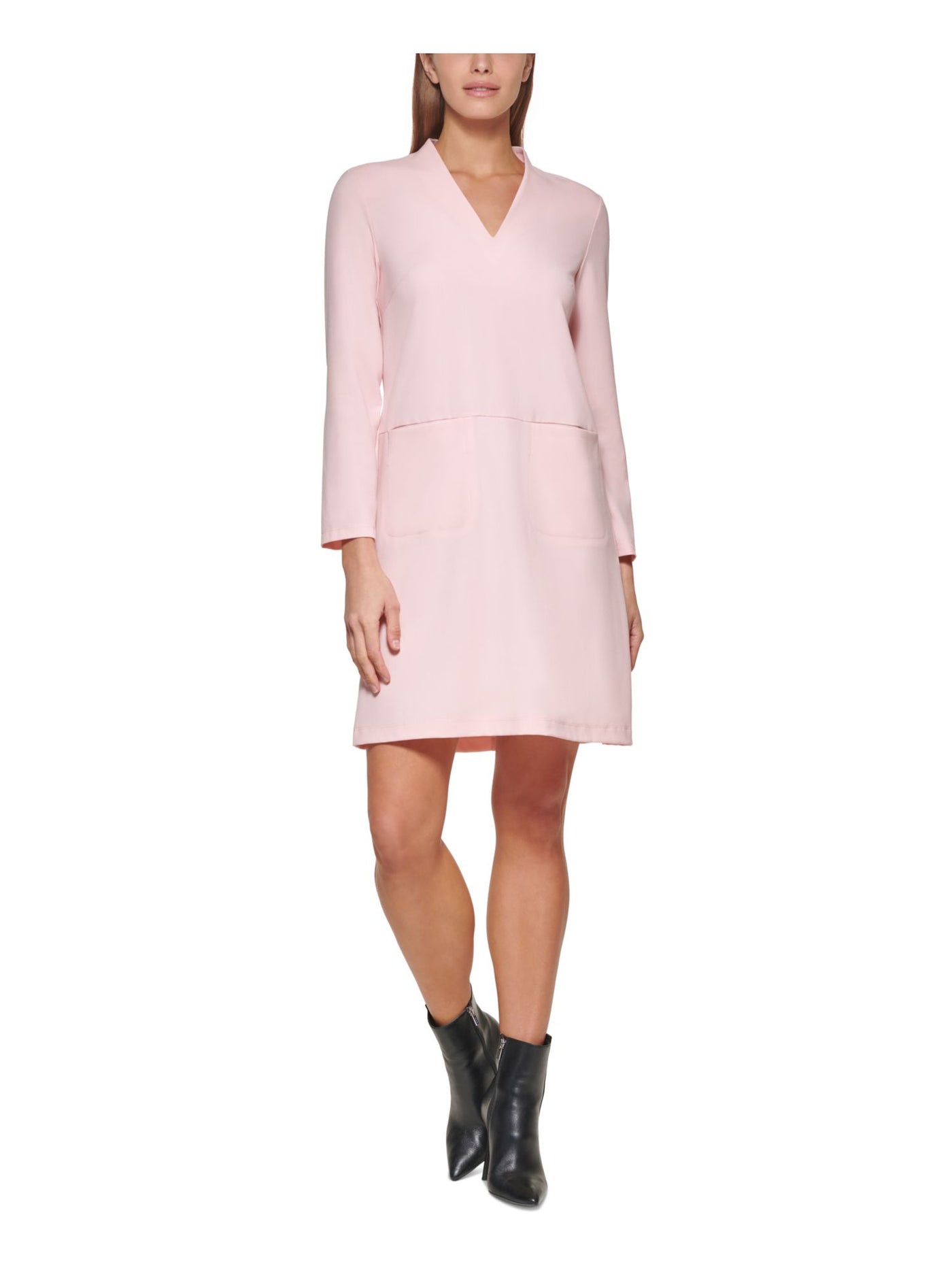 DKNY Womens Pink Zippered Pocketed Lined Long Sleeve V Neck Short Wear To Work Shift Dress 16