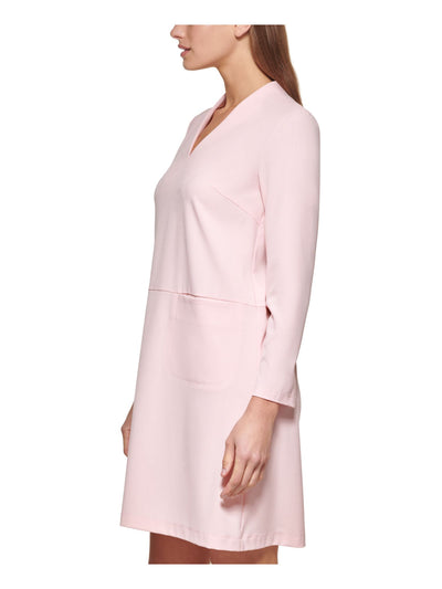DKNY Womens Pink Zippered Pocketed Lined Long Sleeve V Neck Short Wear To Work Shift Dress 16