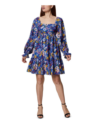 BCBGENERATION Womens Blue Lined Flounce Hem Floral Balloon Sleeve Square Neck Above The Knee Baby Doll Dress 2