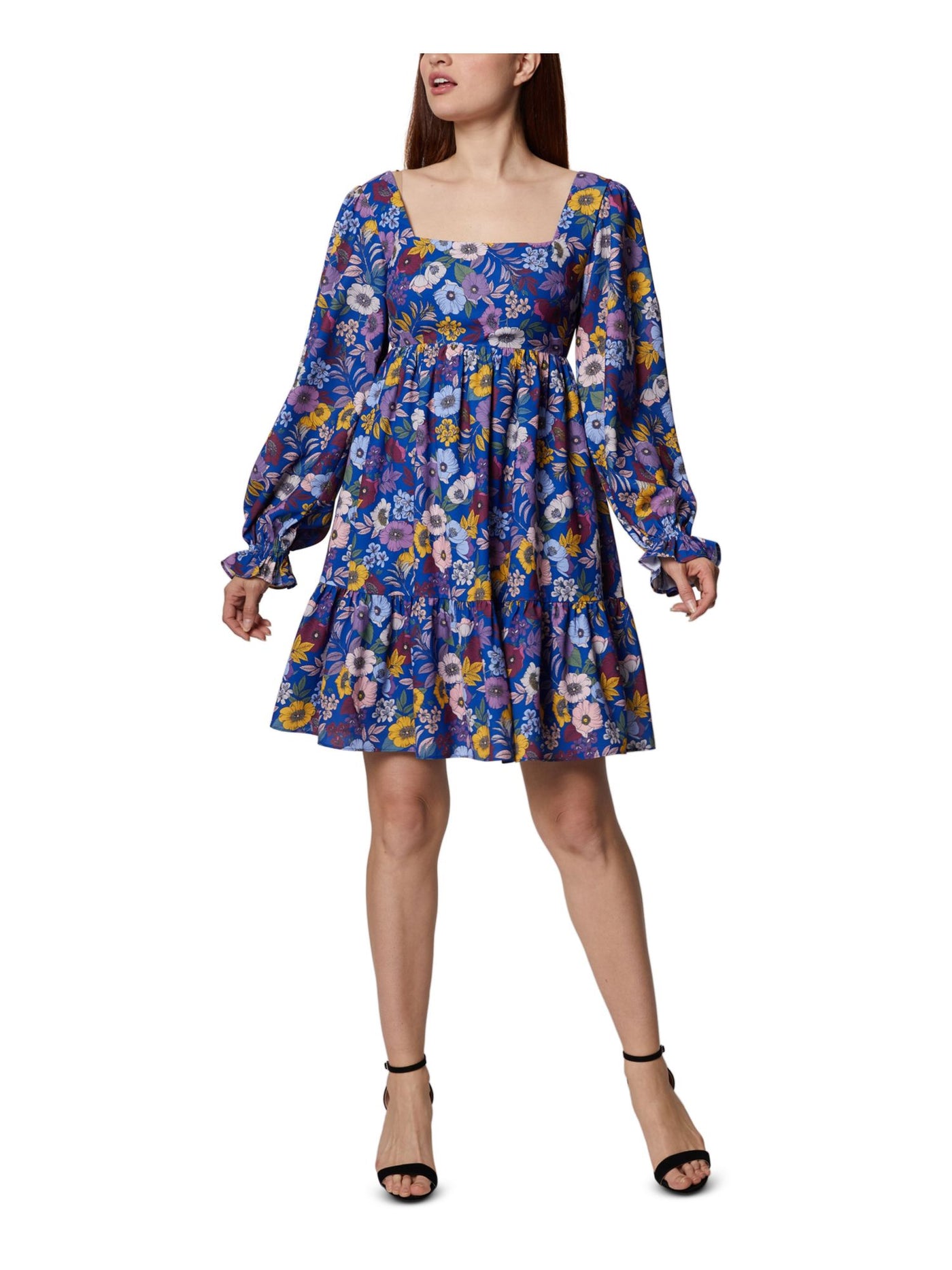 BCBGENERATION Womens Blue Lined Floral Long Sleeve Square Neck Above The Knee Shift Dress 8