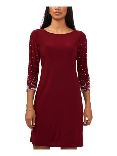 MSK Womens Maroon Stretch Embellished Fitted Unlined 3/4 Sleeve Scoop Neck Above The Knee Sheath Dress S