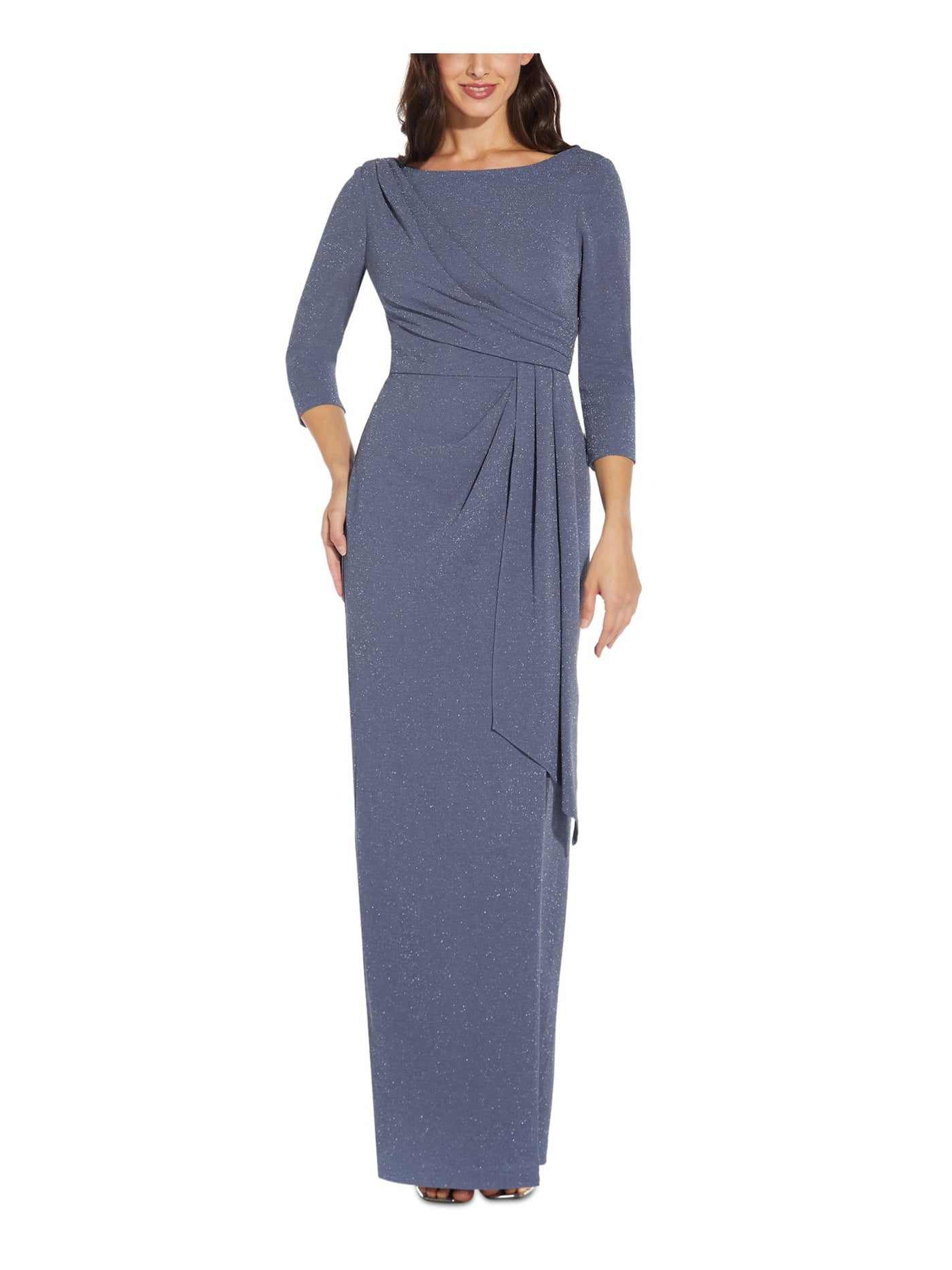 ADRIANNA PAPELL Womens Blue Metallic Zippered Gathered Waist 3/4 Sleeve Boat Neck Full-Length Formal Gown Dress 6